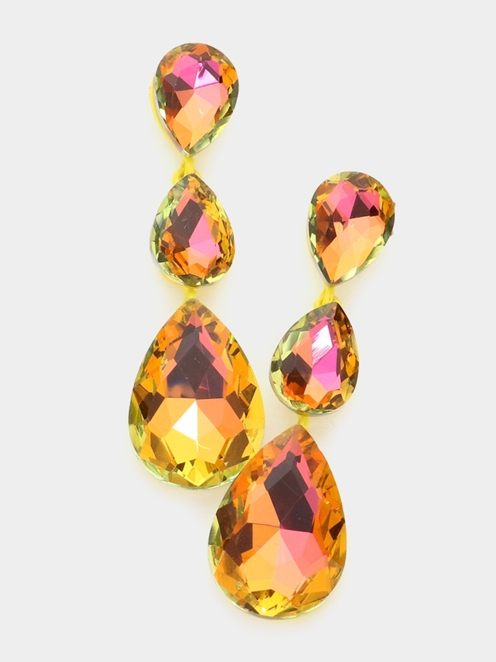 Yellow Dangle Crystal Earrings 2.75 Inch Triple Tear Drop Jewelry